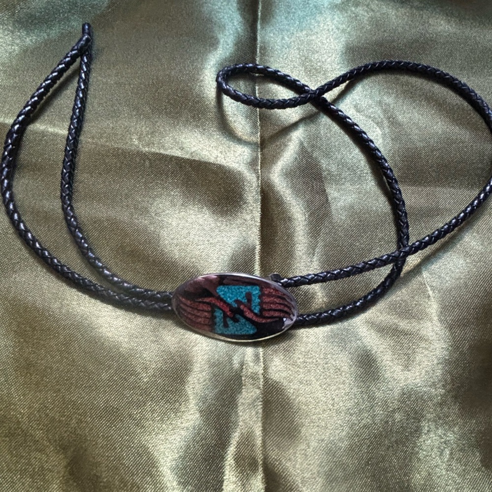Sterling  turquoise Bolo TIe AJ Navajo with black leather